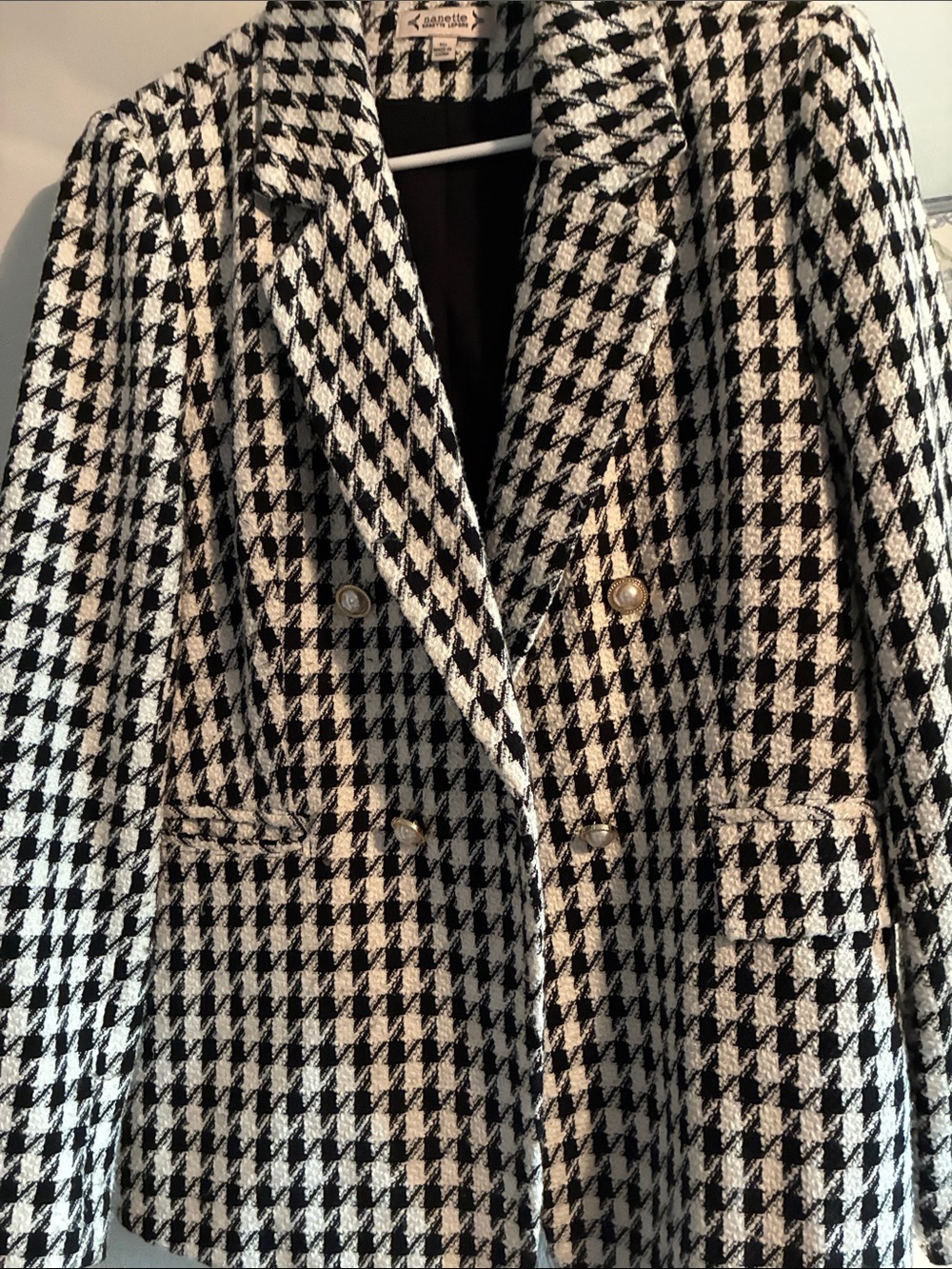 Nanette Lepore Black and White Houndstooth Double-Breasted Blazer size 10  lined